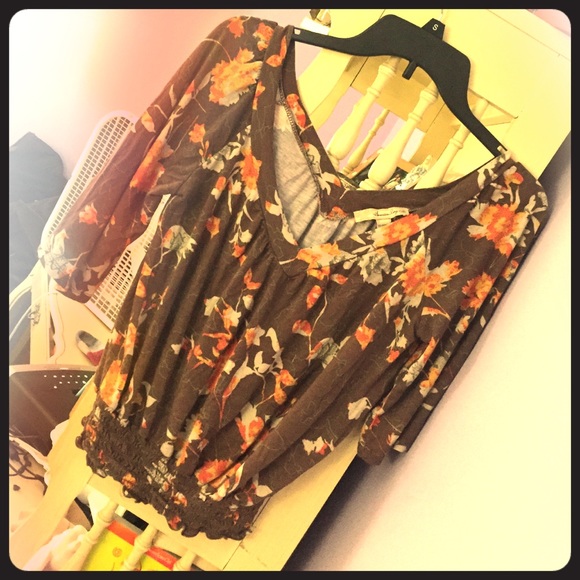 Brown & Orange floral hippie off shoulder top - Picture 1 of 4
