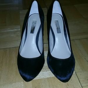 Black calf fur wedged heels