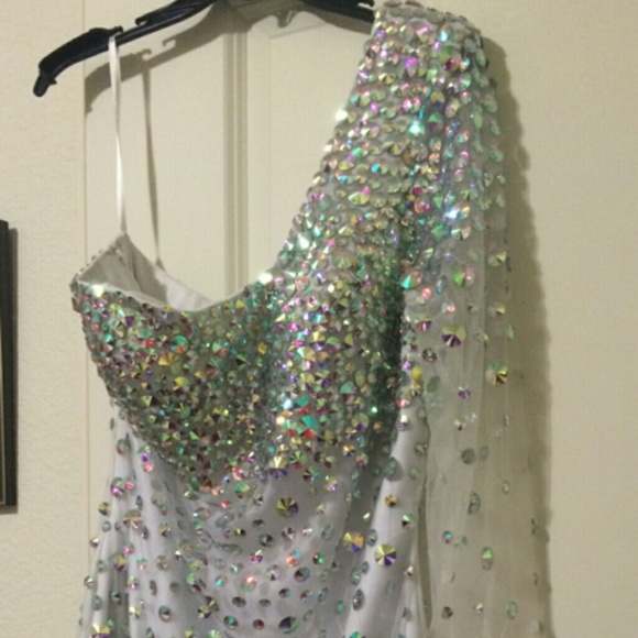 White asymmetrical dress, multicolored rhinestones