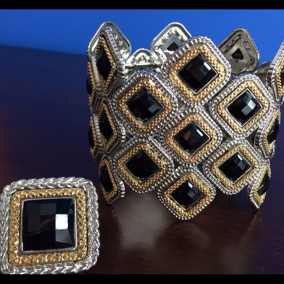 Black, gold and silver bracelet and ring set