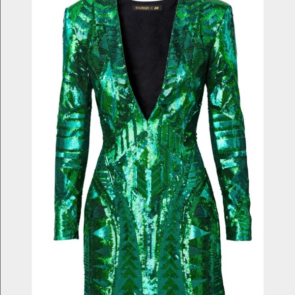 H&M Balmain green sequin dress size 4.