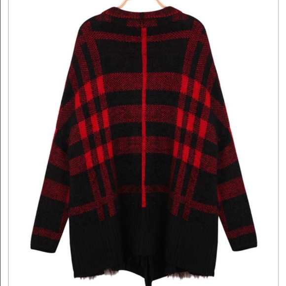 Red plaid fur knit cardigan - Picture 2 of 4