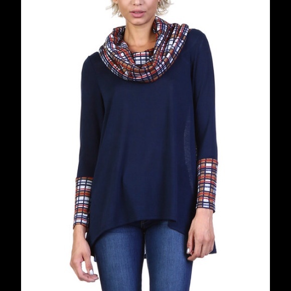 Navy Plaid Cowl Neck Tunic