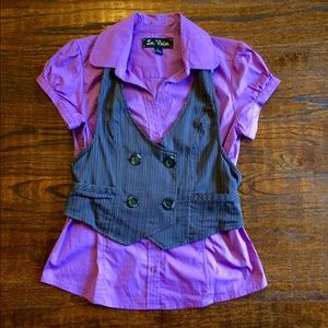 Purple top with gray vest