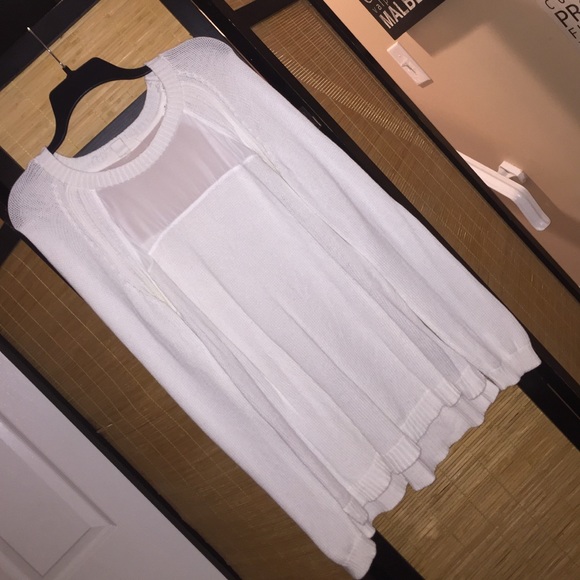 White cotton sweater with mesh panel on chest