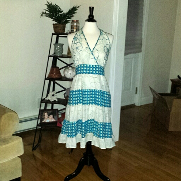 Pretty Aqua/White Summer Floral Halter Dress Sz M