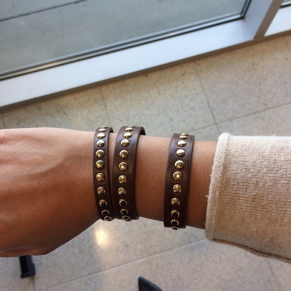 Brown Leather Bracelets with Gold Studs - Picture 2 of 4