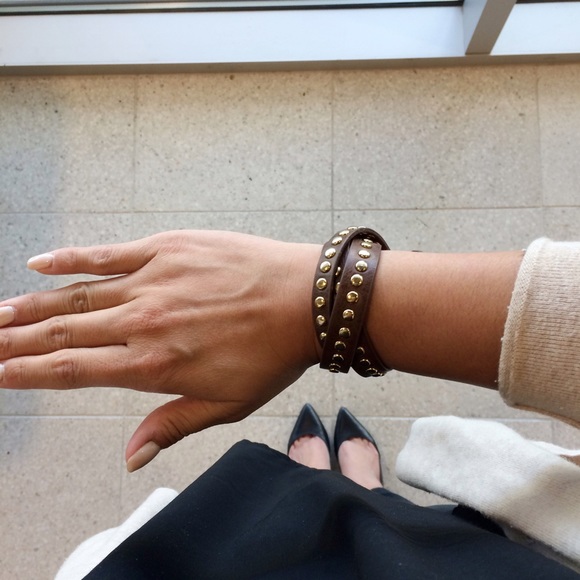 Brown Leather Bracelets with Gold Studs - Picture 3 of 4