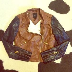 Faux Brown Black Cream Leather Moto Jacket
