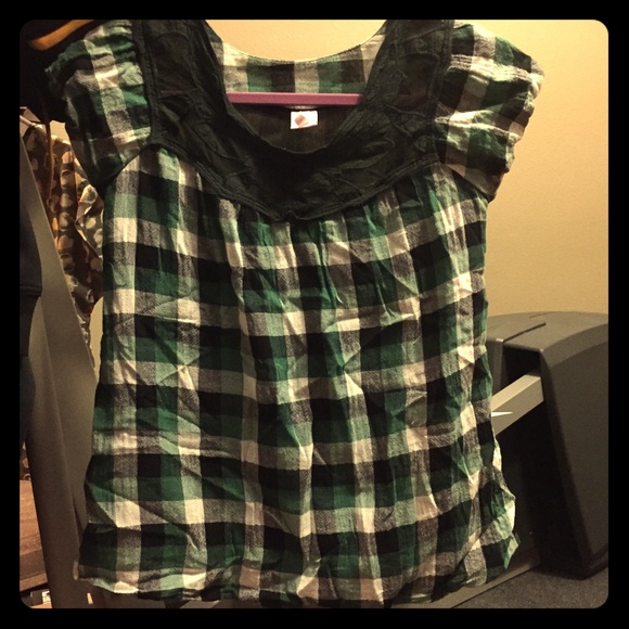 Plaid top with sheer floral embellishment