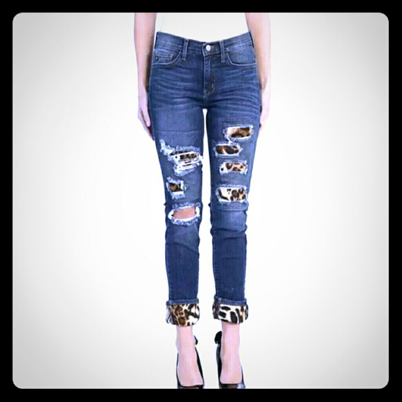 Distressed leopard jeans