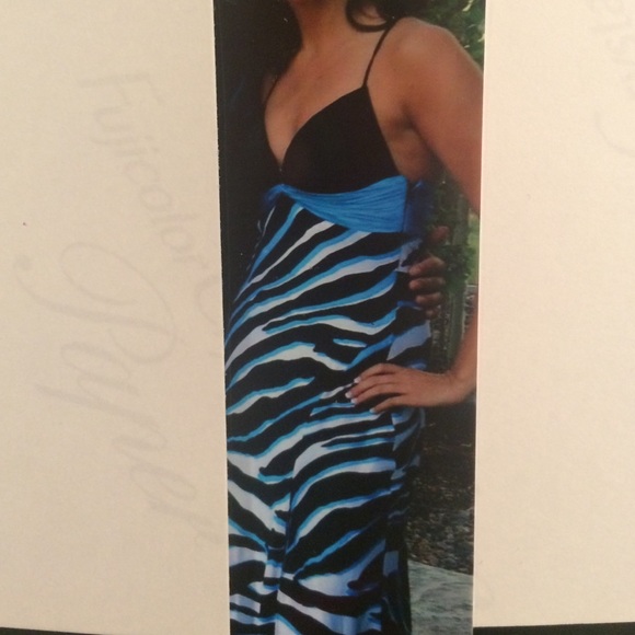 Silky blue and black Caché prom dress.