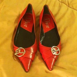 Dior Red Leather Logo Point Toe Ballet Flats 38.5