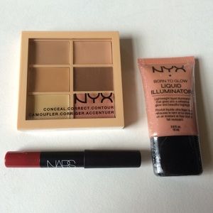 NYX contour palette, illuminator, NARS lip pencil