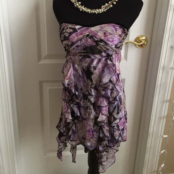 Diane von Furstenberg Tops - Strapless beaded Silk DVF top wRuffles&velvet trim