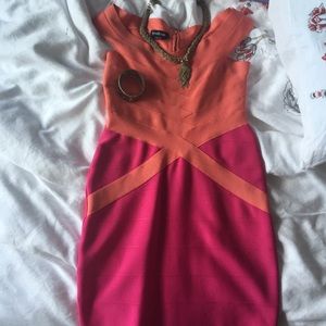 BEBE fuchsia/peach bandage dress!