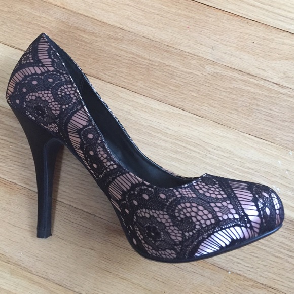 Lulu Townsend pink lace platform heels