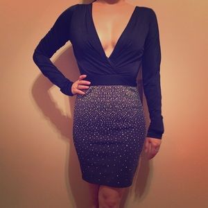 Navy jewel V-neck front & back cocktail dress
