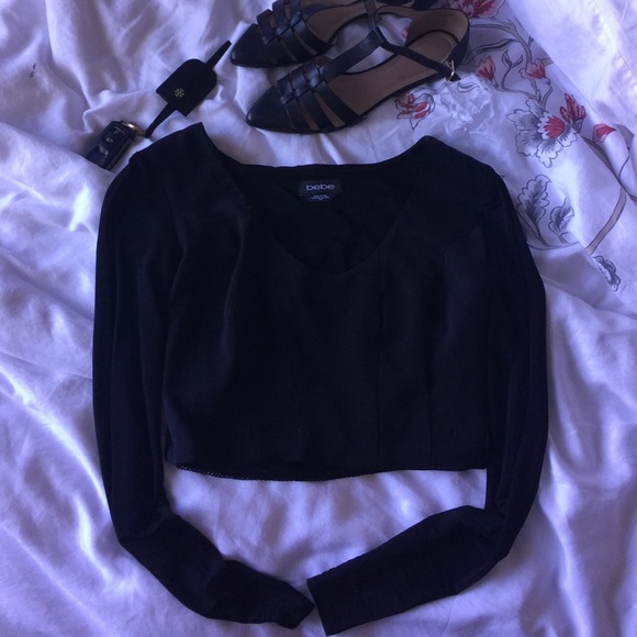 Bebe black long sleeve crop top w/ mesh back