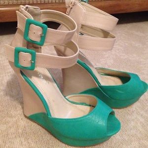 Nude and teal wedges.