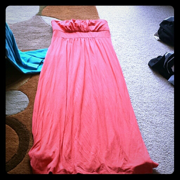 Peach-ish maxi dress strapless.