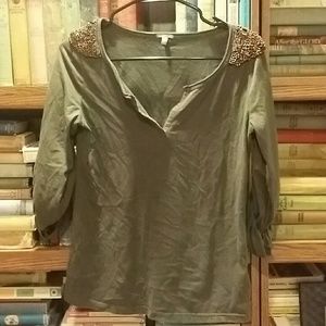 Long sleeve olive green shirt with gold sequins