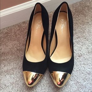 Black Velvet Pumps with Gold Tips