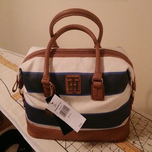 TH striped canvas tote with leather-like bottom