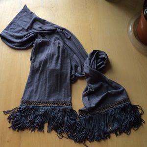 Thin sheer gray tassel fringe scarf
