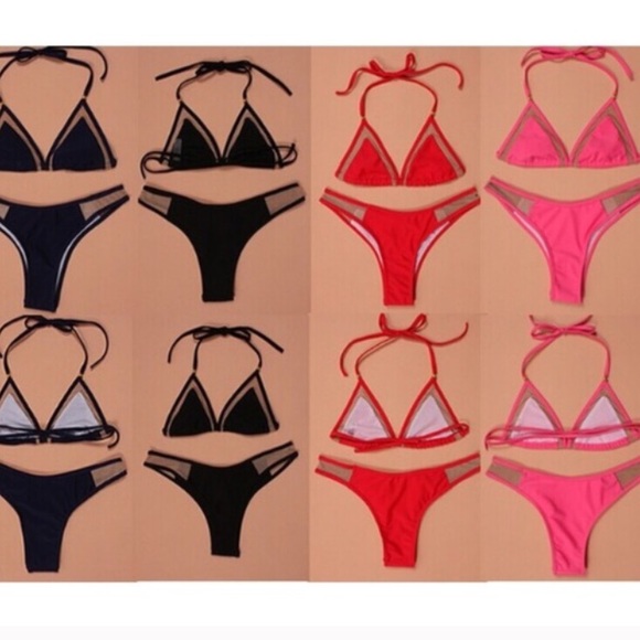 Electric Blue Triangle Halter 2 Piece Mesh Bikini - Picture 2 of 3