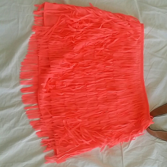 Neon pink/coral fringe mini skirt