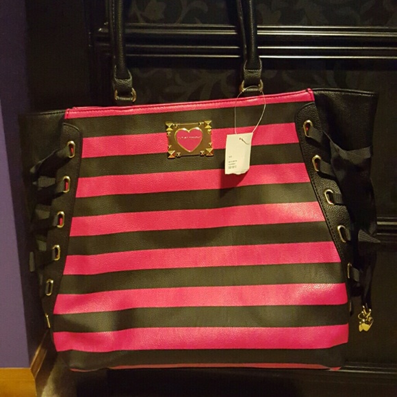 Pink & Black Striped Tote w/ Lace Up Sides
