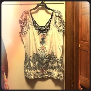 Patterned White and Blue Blouse