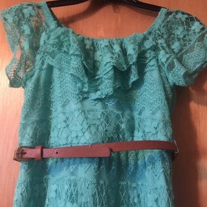 Turquoise lace dress with belt