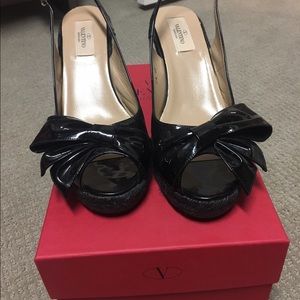 Valentino bow patent espadrille wedges