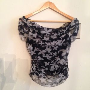 Navy blue and white rouched floral top