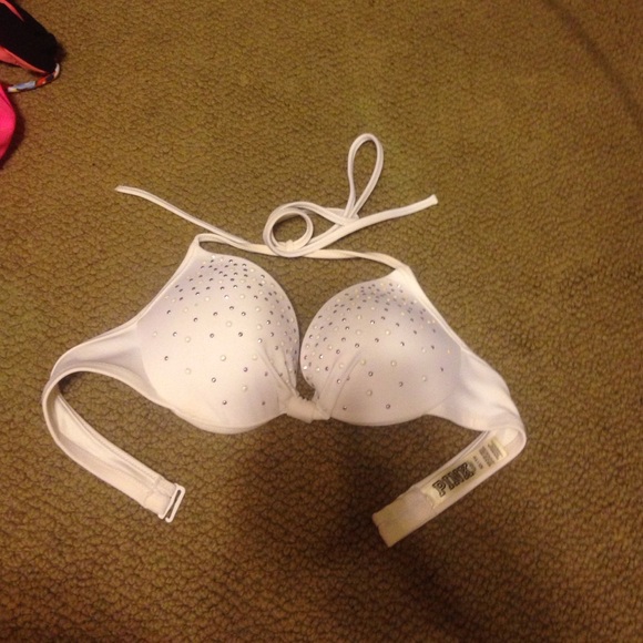 adjustable push up white rhinestone bikini top