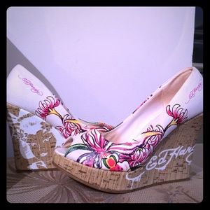 Ed Hardy Cork Wedge Heels Floral Koi Geisha design