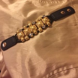 Faux leather strap bracelet-gold and rhinestones