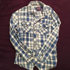 Blue and white plaid denim shirt