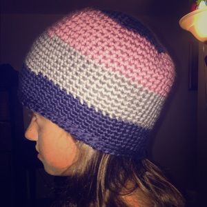 Multicolored crochet hat.