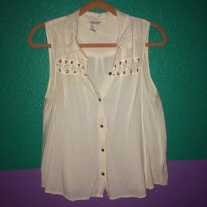 Cream lace up button down