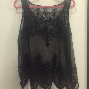 Black Mesh Tank with Lace/embroidery