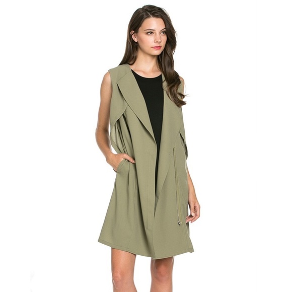 Medium olive khaki green cardigan short vest coat