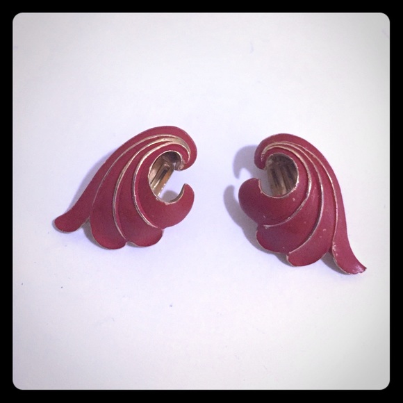 Vintage Red Swirl Clip Earrings