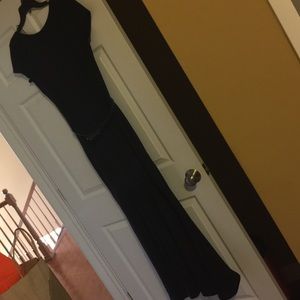 Long black dress with navy belt and V open back