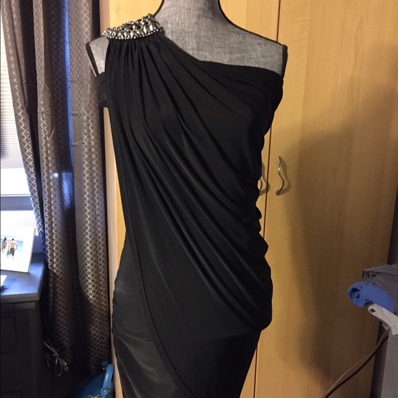 Black one should cocktail dress beaded shoulder
