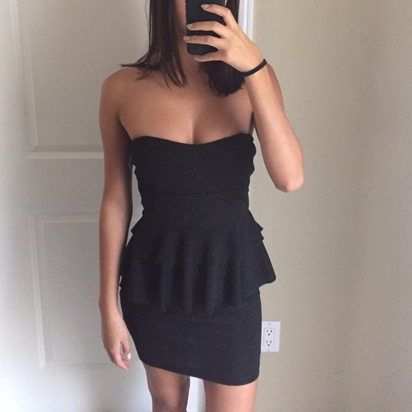 Black Sparkly Strapless Peplum Dress