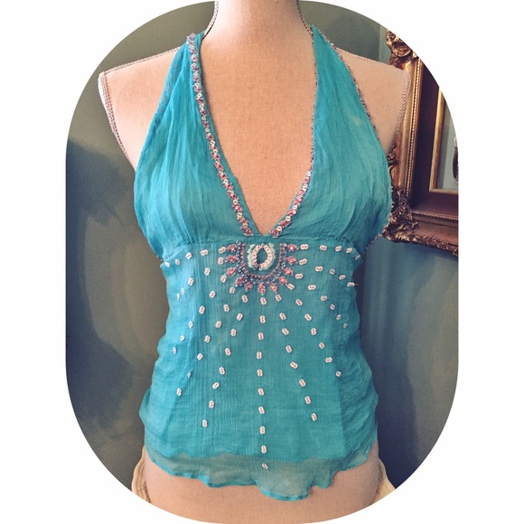 Bohemian teal beaded top