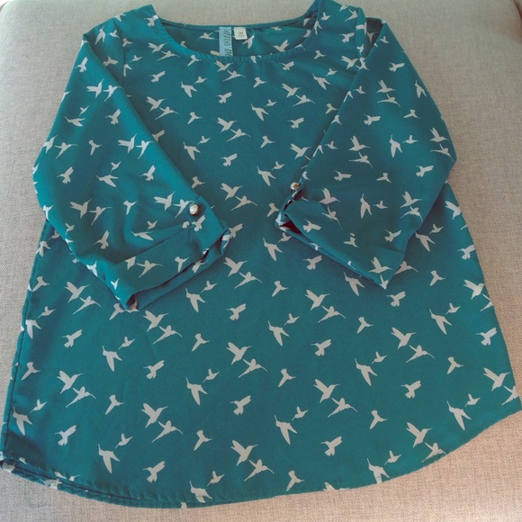 Teal 3/4 sleeve bird print shrit